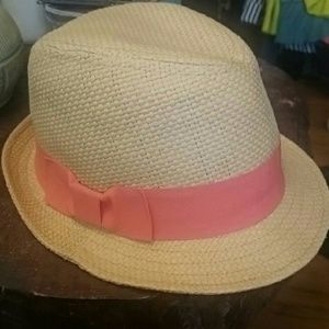 Straw Fedora with coral bow band