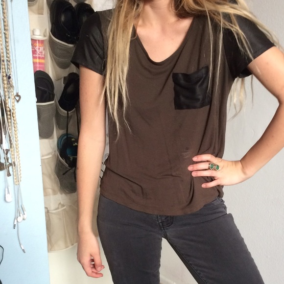Green With Faux Leather Sleeve Tee