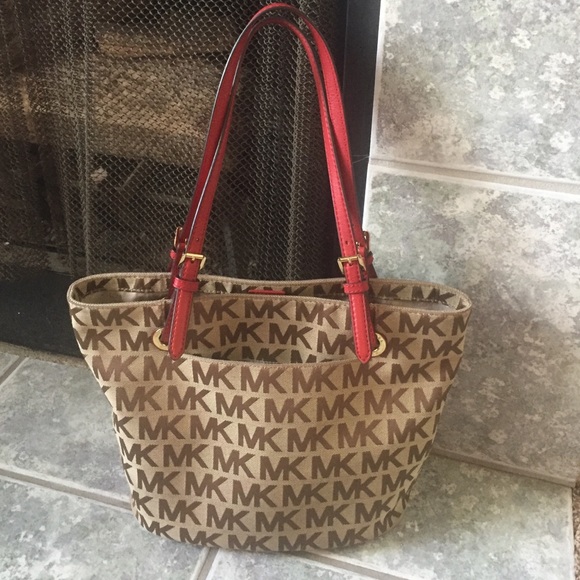 Michael Kors Handbags - Auth Signature MK Brown w/Red Lthr Lg Tote