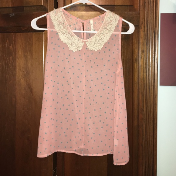 Sheer, pink and blue polka dot top