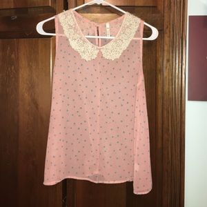 Sheer, pink and blue polka dot top