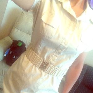 Shirt dress cotton beige belt short ruched sleeves