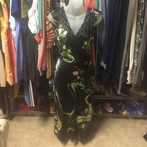 Black floral print silk dress.