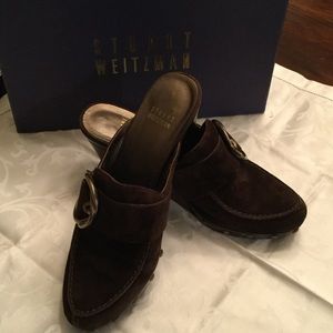 Brown suede mules.    Stuart Weitzman