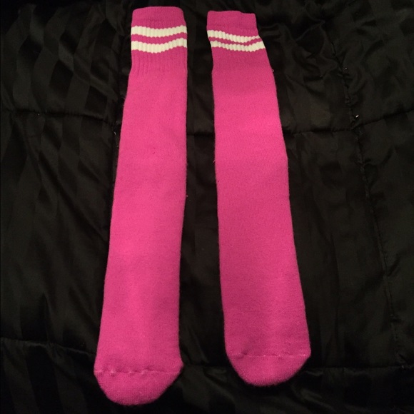 Hot pink knee-high tube socks w/ white stripes