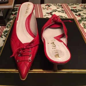 Candy apple red leather backless pumps.