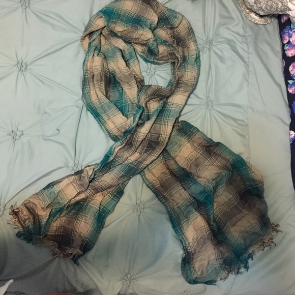 Teal & tan mixed plaid scarf