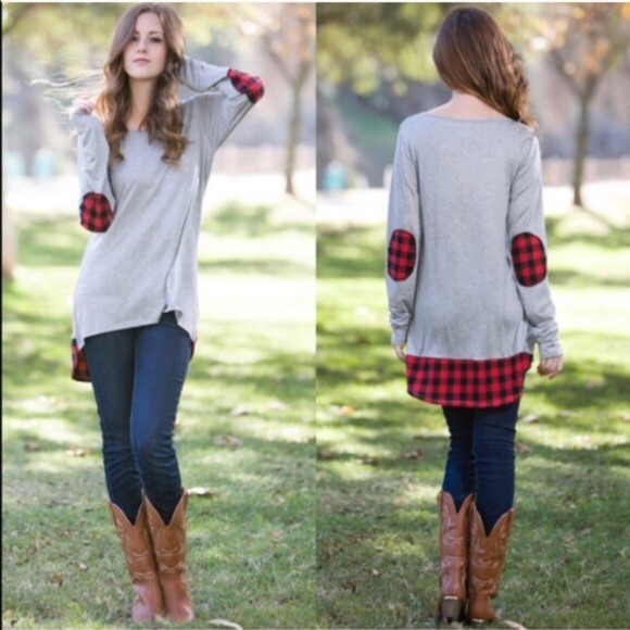 Bellanblue Tops - Xx LOUISE hi lo long sleeve top with plaid elbows