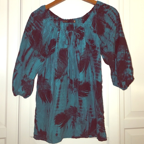 Turquoise silk feather blouse