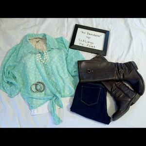 Mint tie-front blouse with white polka dots