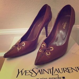 YSL LUGGAGE BROWN SPECTATOR PUMP SZ 37/7 US
