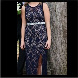 Navy and nude prom dress