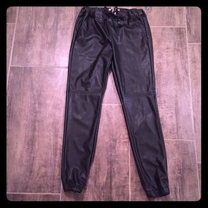 Black faux leather joggers