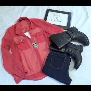 Sheer coral button down blouse