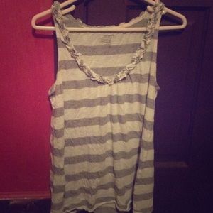 Old Navy white/gray striped tank with ruffles