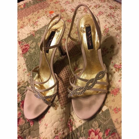 NINA satin champagne rhinestone elastic sling back