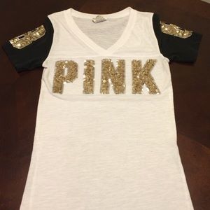 Pink logo sequin v neck tee