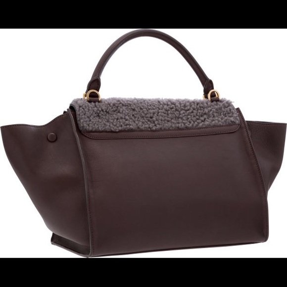 Celine Brown Leather & Gray Shearling Trapeze Bag - Picture 2 of 4