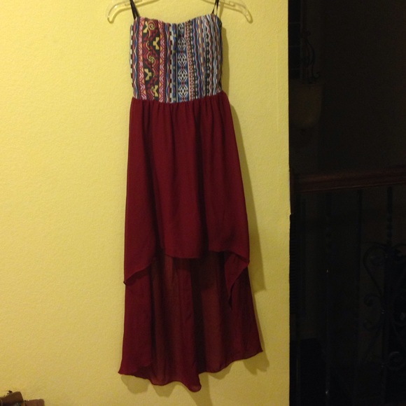 Aztec high low strapless dress