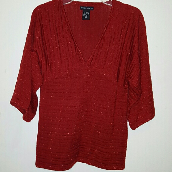 NY & Co Red Sparkly 3/4 sleeve V neck knit top