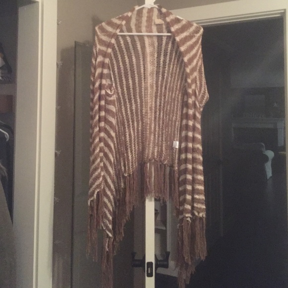 Brown and cream open sweater with fringe