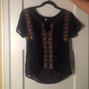 Sheer Navy Blue Blouse w/ Tassel And Embroidery