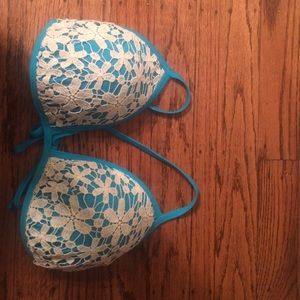 Blue and white crocheted bikini