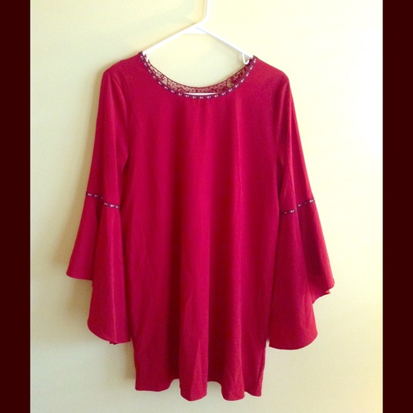 Boho Red Mini Dress with Flared Sleeves