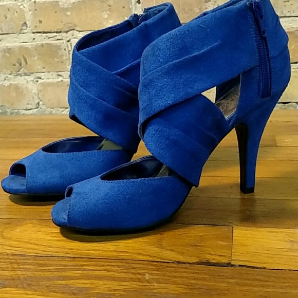 Royal blue faux suede zip heels