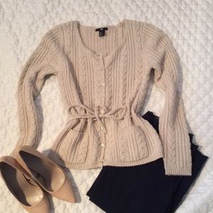 H & M cream button up sweater with tie waist