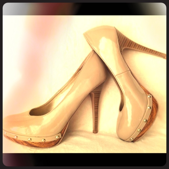 Nude Tan Pumps with Silver Studs and Cork Platform