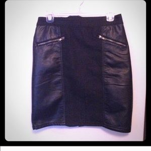 Awesome denim pencil skirt with faux leather panel