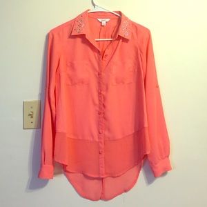 Peach button-up dress shirt with collar detail
