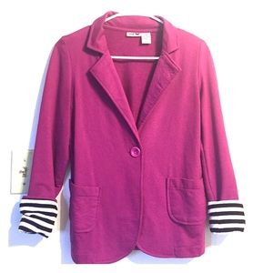 Purple blazer with black and white striped cuff