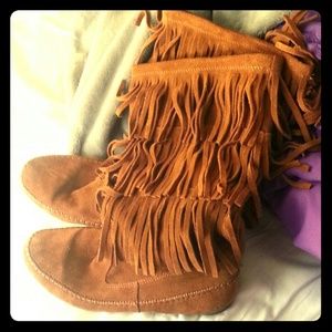 Tan suede tassel boots
