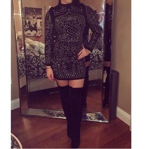 Black silver rhinestone long sleeve bodycon dress