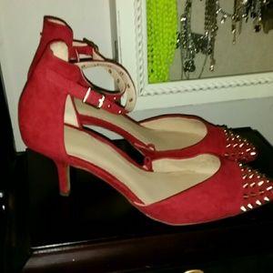 Zara red suede studded shoes with kitten heel