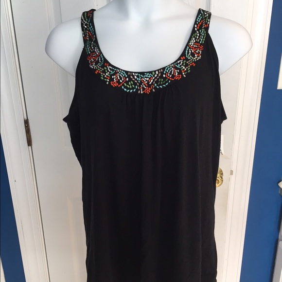 Black long tank with embroidered neckline