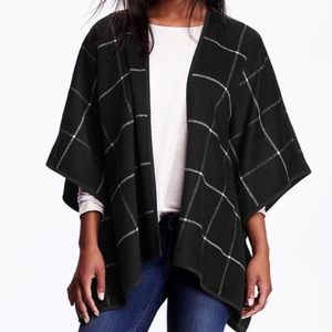 Black plaid open-face wool blend Poncho