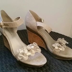 Tan tweed and gold wedge sandals