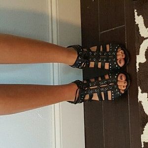 Black Strappy Leather Wedge Heels