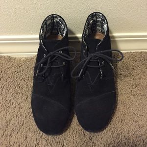 Black suede TOMS bootie wedges