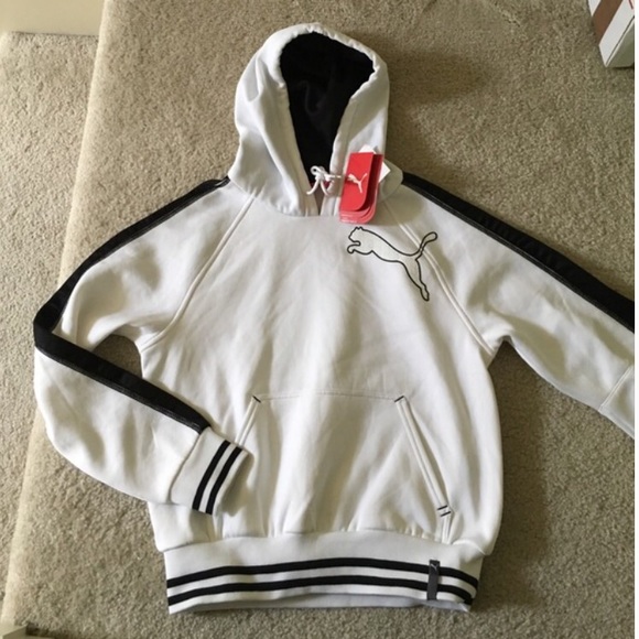 Puma white sweatshirt with black accents.