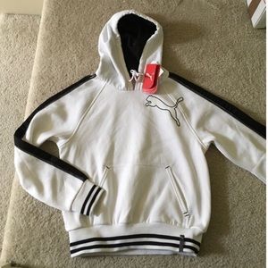 Puma white sweatshirt with black accents.
