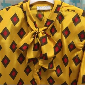 Vintage Bright Yellow Bow Tie Blouse