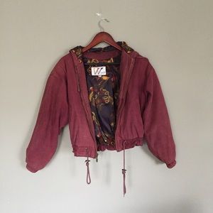 Maroon leather hooded bomber jacket