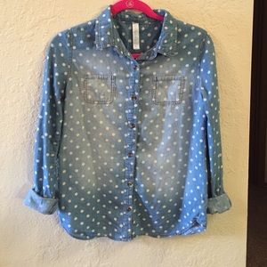 Cherokee polka dot chambray button up