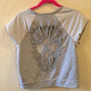 Rue 21 grey short sleeve sweater with scull back.