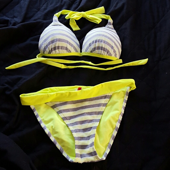 Neon yellow & grey striped halter bikini