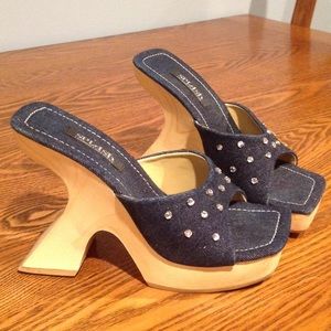 Wooden denim rhinestone heels